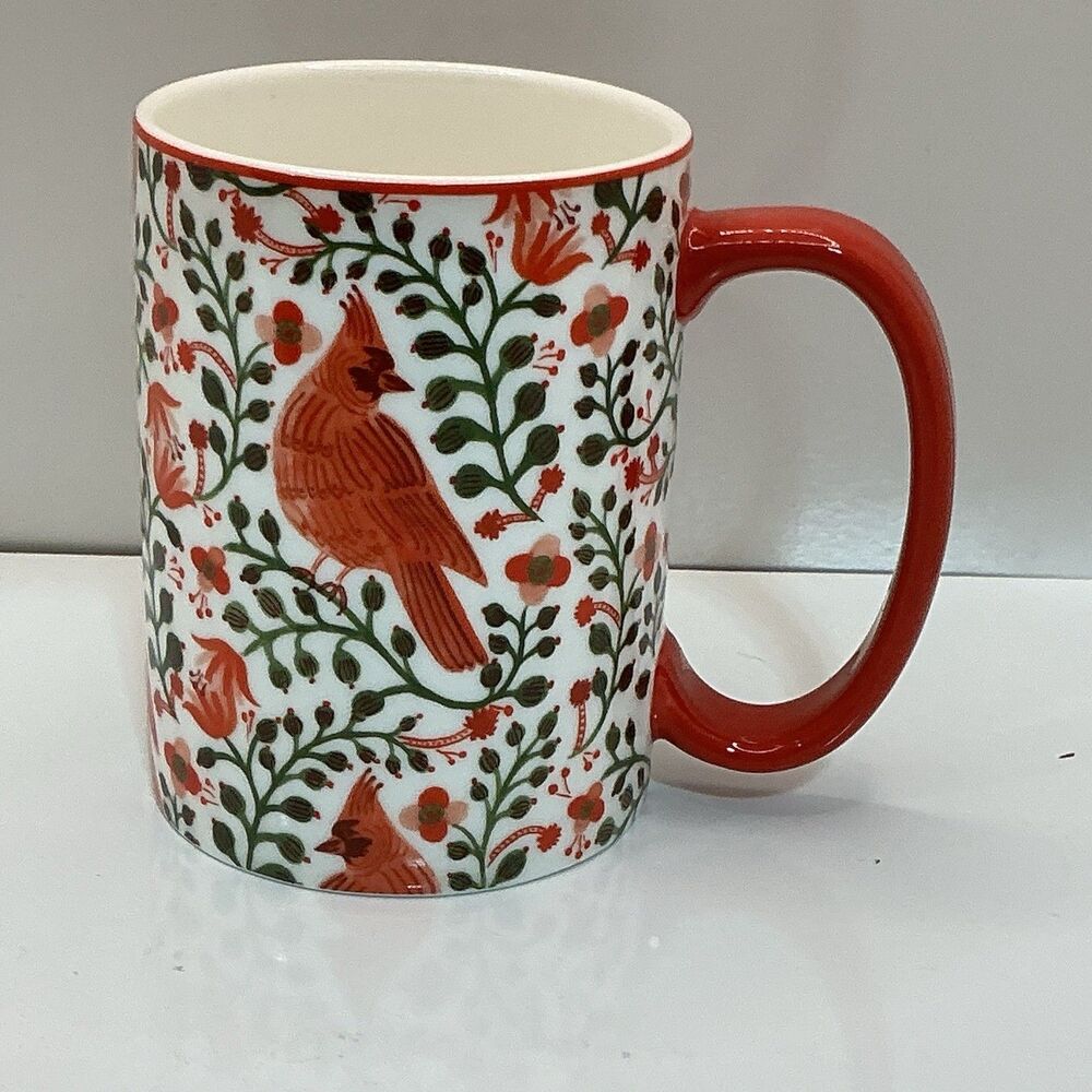 Rifle Paper Co Cardinal Floral Porcelain Coffee Mug Red Handle Holiday Cup